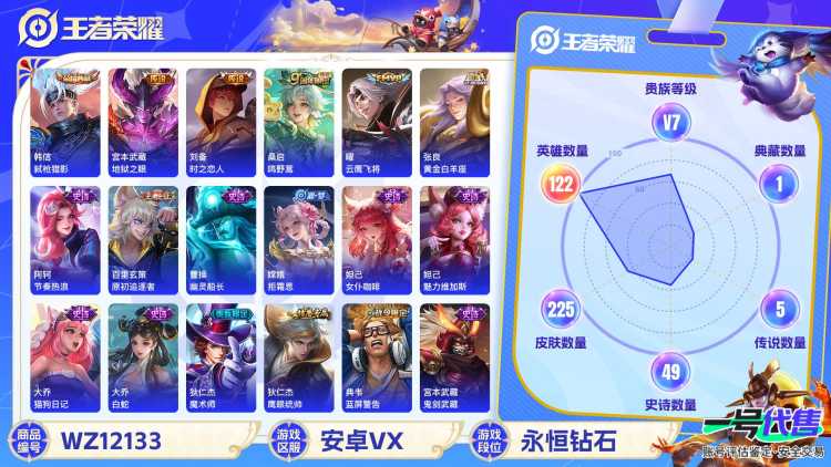 可二次【225皮肤1水晶5传说】安卓V区-122英雄-225皮肤【1水晶】 弑枪猎影【传说皮肤】鸣野蒿 云鹰飞将 地狱之眼 时之恋人 黄金白羊座【史诗皮肤】至尊宝 破空之剑 茶境仙 顽趣 电玩·爆裂