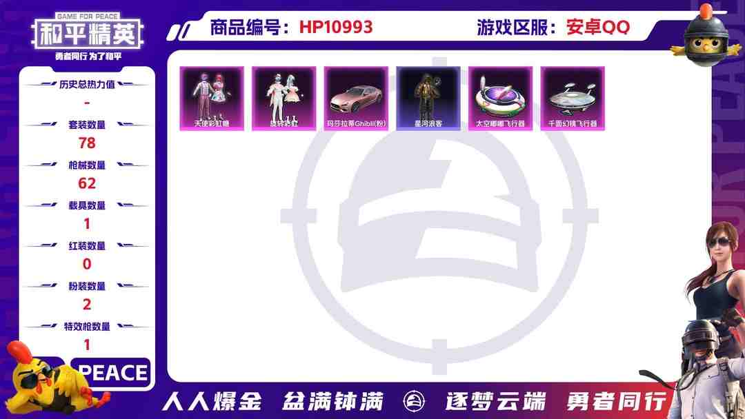 和平精英账号安卓QQ可二次【星河浪客五爪金龙1载具2粉装1特效枪】 安卓Q区-23589热力值--78套装-62枪皮 【1载具】 玛莎拉蒂粉色【1稀有】 星河浪客【2粉装】 天使彩虹糖 旋转彩虹【1特效枪】 M416-