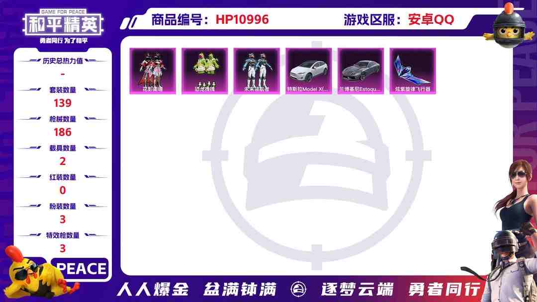 和平精英账号安卓QQ可二次【满级AUG超新星2载具3粉装3特效枪】 安卓Q区-60099热力值-7印记-139套装-186枪皮 【2载具】 兰博轿车灰色 特斯拉X白色【3粉装】 恐龙拽拽 花影阑珊 未来领航者【3特效枪