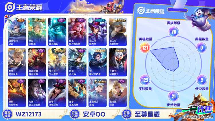 可二次【2传说练手小号】安卓QQ-121英雄-122皮肤【传说皮肤】鸣野蒿 碎云【史诗皮肤】天穹之誓 幽灵船长 魅力维加斯 魔术师 鹰眼统帅 箭羽风息 鬼剑武藏 白龙吟 曙光守护者 驯魔猎人 地狱岩