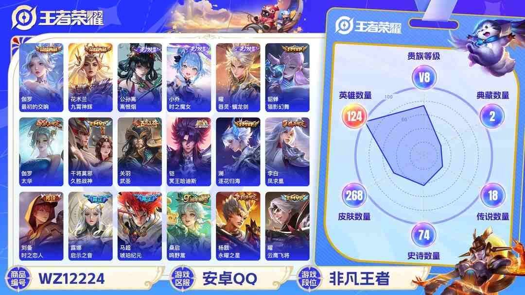 王者荣耀账号安卓QQ可二次【女号3无双18传说离恨烟268皮肤2水晶】安卓QQ-124英雄-268皮肤【2水晶】 最初的交响 九霄神辉【无双皮肤】时之魔女 离恨烟 器灵·螭龙剑【传说皮肤】逐花归海 琥珀纪元 鸣野蒿 冥