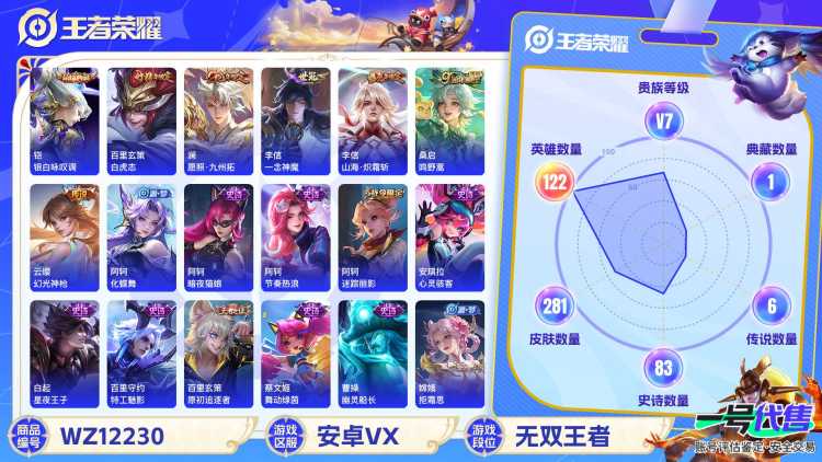 可二次【国服伽罗芈月5金标猴子281皮肤1水晶7传说白虎志一念神魔神威至尊宝】安卓V区-122英雄-281皮肤【1水晶】 银白咏叹调【传说皮肤】龙之律动 白虎志 愿照·九州拓 鸣野蒿 山海·炽霜斩 