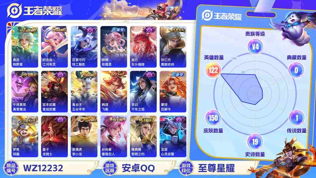 王者荣耀账号安卓QQ可二次【150皮肤1传说】安卓QQ-122英雄-150皮肤【传说皮肤】鸣野蒿【史诗皮肤】飞衡 江河有灵 天穹祈灯 天穹之誓 顽趣 百解令 拒霜思 女仆咖啡 鹰眼统帅 真爱魔法 鬼剑武藏 千年之狐 龙