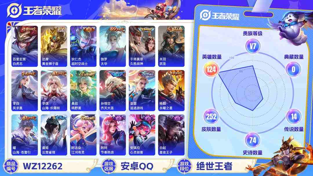 王者荣耀账号安卓QQ【15传说252皮肤】安卓Q-124英雄【15传说】白虎志 鸣野蒿 追逃游戏 山海·苍雷引 齐天大圣 山海·炽霜斩 黄金狮子座 超时空战士 太华 久胜战神 武圣 凤求凰 末日机甲 永曜之星 云霓雀翎