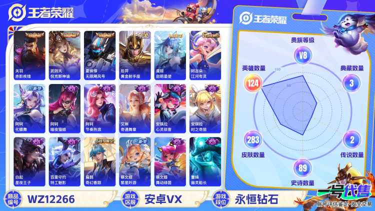 【283皮肤4水晶2传说】安卓V区-124英雄-283皮肤【4水晶】 武则天 赤影疾锋 倪克斯神谕 无限飓风号【传说皮肤】黄金射手座 启明星使【史诗皮肤】破空之剑 奇幻香踪 星界游侠 驭风魔法 电玩