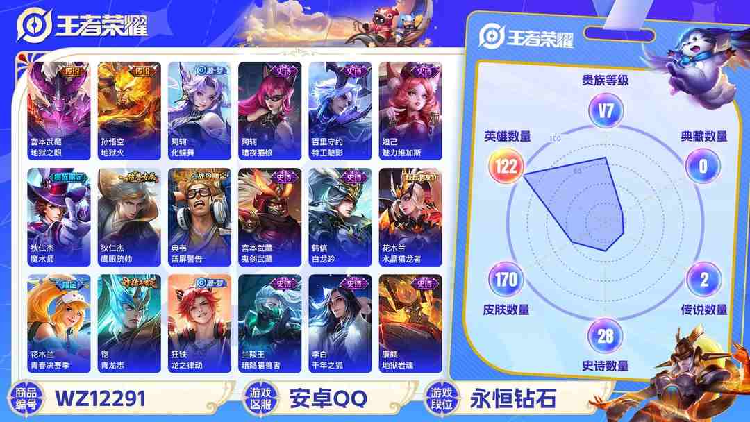 王者荣耀账号安卓QQ可二次【170皮肤3传说】安卓QQ-122英雄-170皮肤【传说皮肤】地狱之眼 末日机甲 地狱火【史诗皮肤】龙之律动 天穹祈灯 魅力维加斯 魔术师 鹰眼统帅 蓝屏警告 鬼剑武藏 白龙吟 水晶猎龙者 