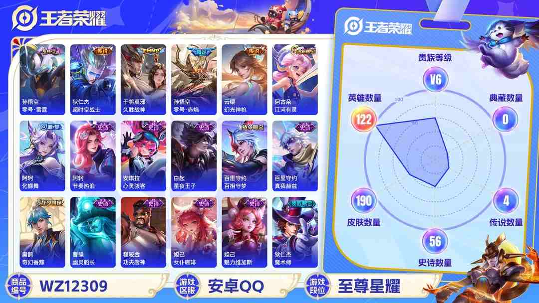 王者荣耀账号安卓QQ可二次【190皮肤4传说1星元】安卓QQ-122英雄-190皮肤【星元皮肤】零号雷霆【传说皮肤】超时空战士 久胜战神 零号·赤焰 幻光神枪【史诗皮肤】龙之律动 星界战将 顽岩魄 燃音魔法 江河有灵 