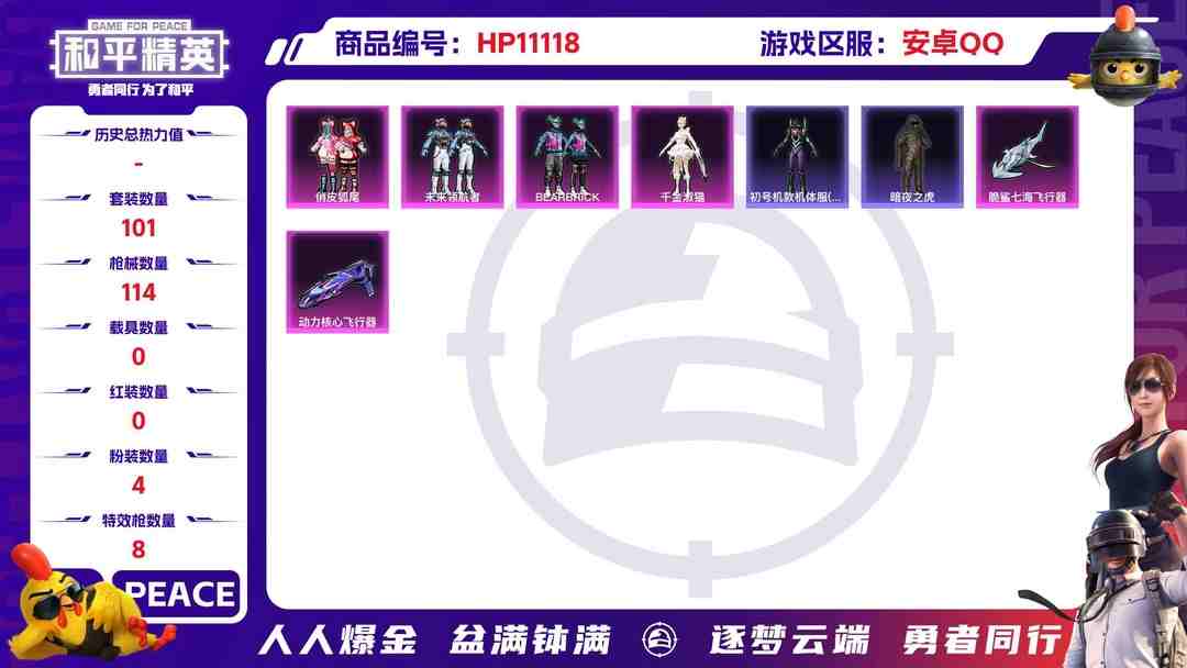 和平精英账号安卓QQ可二次【暗夜之虎8特效枪4粉装】 安卓Q区-36761热力值-5印记-101套装-114枪皮 【2稀有】 暗夜之虎 Mark.06蓝螳螂【4粉装】 俏皮狐尾 未来领航者 BEARBRICK 角色-千