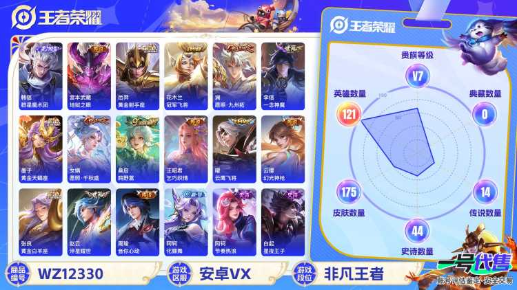 可二次【15传说175皮肤1无双】安卓V区-121英雄-175皮肤【无双皮肤】群星魔术团【传说皮肤】愿照·九州拓 愿照·千秋盛 黄金天蝎座 鸣野蒿 云鹰飞将 地狱之眼 黄金射手座 冠军飞将 一念神魔