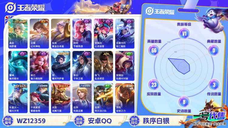 可二次【3传说】安卓QQ-66英雄-23皮肤【传说皮肤】鸣野蒿 黄金白羊座 幻光神枪【史诗皮肤】完美运算 幽灵船长 魅力维加斯 曙光守护者 千年之狐 乱世虎臣 节奏热浪 心灵骇客 特工魅影【勇者皮肤