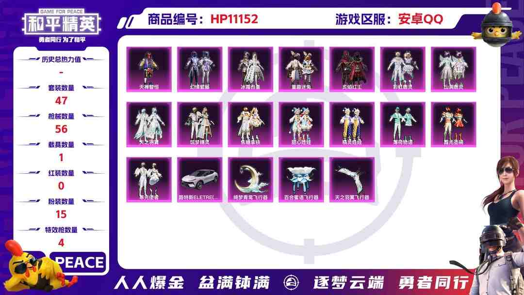和平精英账号安卓QQ可二次【女号15粉装4特效枪1载具】 安卓Q区-24158热力值-2印记-47套装-56枪皮 【1载具】 路特斯EL花绽灰【15粉装】 山涧鹿灵 童趣迷兔 冰霜白皇 甜心娃娃 焦糖拿铁 彩虹鹿灵 寒