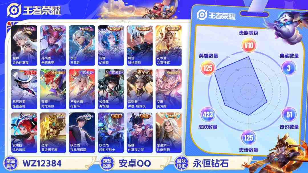 王者荣耀账号安卓QQ【V10女号中路40段423皮肤51传说4水晶3无双3星元2珍品2金标】安卓QQ-125英雄-423皮肤【4水晶】 武则天 幻阙歌 弑枪猎影 九霄神辉【无双皮肤】离恨烟 花合斗 神器·明辉仪【星元皮