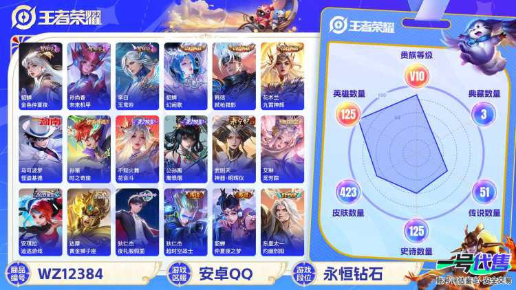 【V10女号中路40段423皮肤51传说4水晶3无双3星元2珍品2金标】安卓QQ-125英雄-423皮肤【4水晶】 武则天 幻阙歌 弑枪猎影 九霄神辉【无双皮肤】离恨烟 花合斗 神器·明辉仪【星元皮