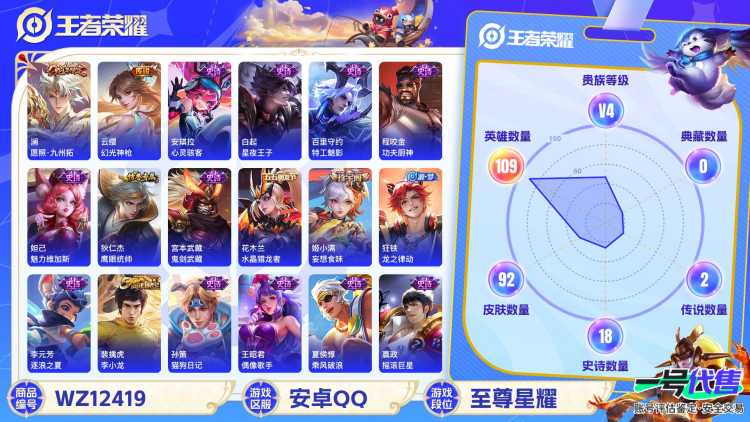 可二次【2传说练手小号】安卓QQ-109英雄-92皮肤【传说皮肤】愿照·九州拓 幻光神枪【史诗皮肤】龙之律动 妄想食味 天穹祈灯 天穹之誓 完美运算 功夫厨神 魅力维加斯 鹰眼统帅 鬼剑武藏 水晶猎