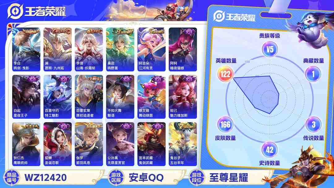 王者荣耀账号安卓QQ【166皮肤1水晶3传说】安卓QQ-122英雄-166皮肤【1水晶】 鸣剑·曳影【传说皮肤】愿照·九州拓 鸣野蒿 山海·炽霜斩【史诗皮肤】江河有灵 天穹祈灯 天穹之誓 器灵·浮梦炉 百相守梦 顽趣 