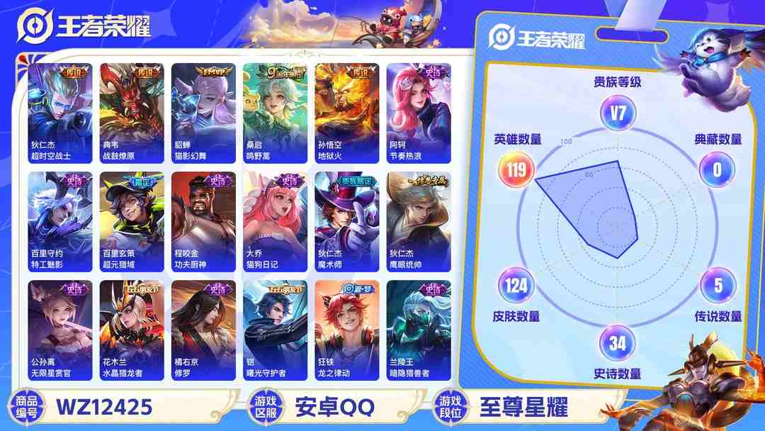 王者荣耀账号安卓QQ【5传说】安卓QQ-119英雄-124皮肤【传说皮肤】鸣野蒿 超时空战士 猫影幻舞 地狱火 战鼓燎原【史诗皮肤】龙之律动 地狱燃心 天穹祈灯 天穹之誓 破空之剑 超元猎域 蔬乡物语 百解令 功夫厨神
