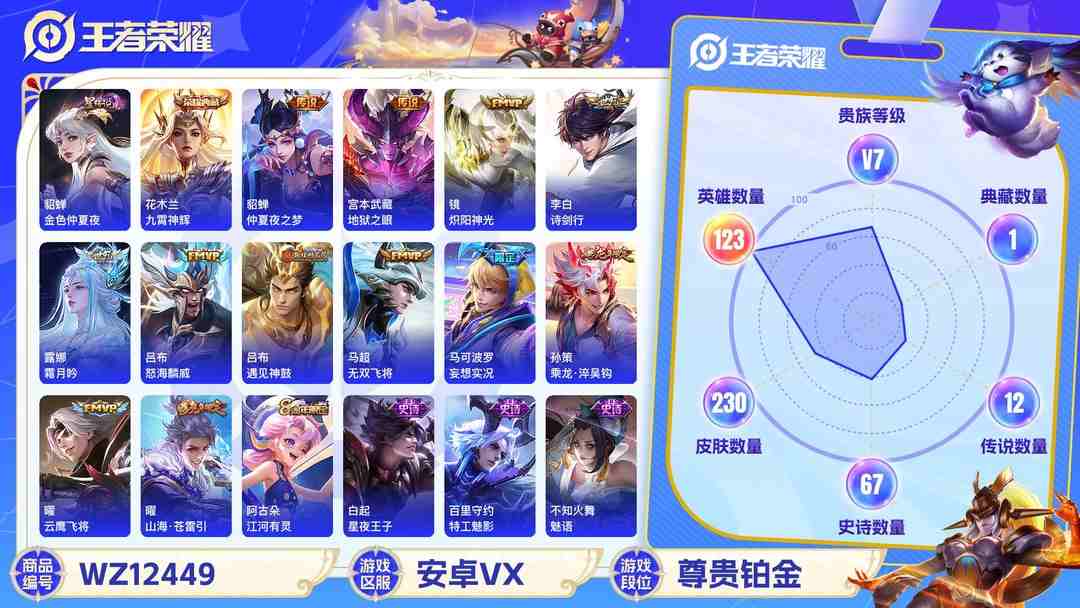 王者荣耀账号安卓VX可二次【230皮肤1水晶1星元12传说】安卓V区-123英雄-230皮肤【1水晶】 九霄神辉【星元皮肤】金色仲夏夜【传说皮肤】遇见神鼓 霜月吟 云鹰飞将 妄想实况 山海·苍雷引 诗剑行 无双飞将 仲