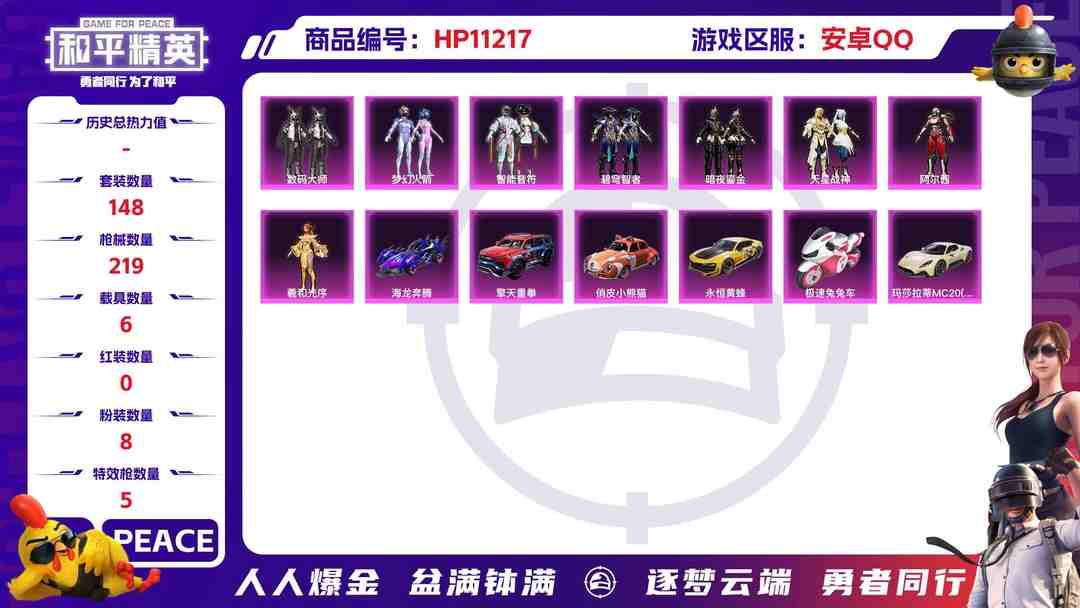 和平精英账号安卓QQ可二次【女号梦幻火箭6载具8粉装5特效枪】 安卓Q区-73205热力值-11印记-148套装-219枪皮 【6载具】 玛莎拉蒂M白色 海龙奔腾 永恒黄蜂 擎天重拳 俏皮小熊猫 极速兔兔车【1稀有】 