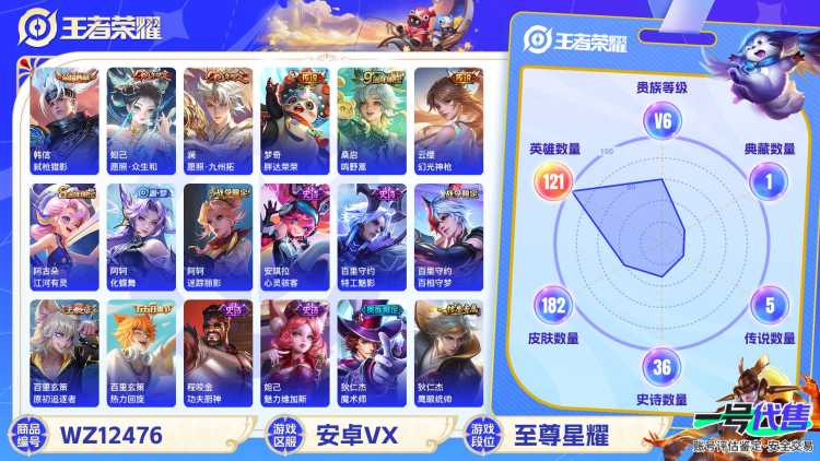 可二次【182皮肤1水晶5传说】安卓V区-121英雄-182皮肤【1水晶】 弑枪猎影【传说皮肤】愿照·众生和 愿照·九州拓 鸣野蒿 胖达荣荣 幻光神枪【史诗皮肤】星界战将 顽岩魄 江河有灵 天穹祈灯