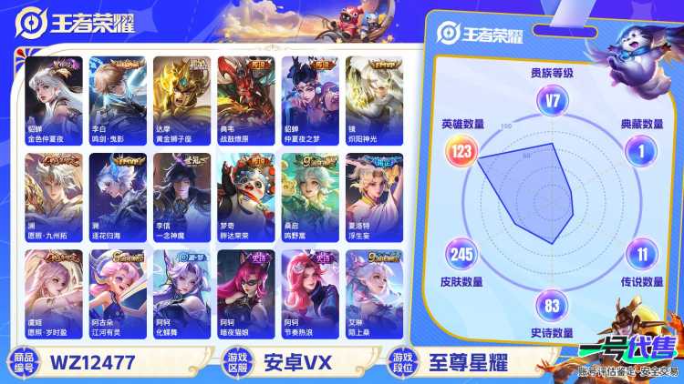 可二次【245皮肤1水晶11传说1星元】安卓V区-123英雄-245皮肤【1水晶】 鸣剑·曳影【星元皮肤】金色仲夏夜【传说皮肤】愿照·岁时盈 愿照·九州拓 逐花归海 鸣野蒿 浮生妄 黄金狮子座 仲夏