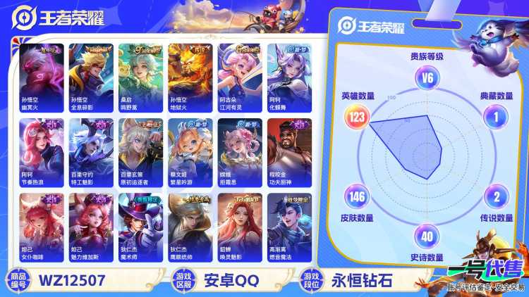 【1水晶2传说1星元】安卓QQ-123英雄-146皮肤【1水晶】 全息碎影【星元皮肤】幽冥火【传说皮肤】鸣野蒿 地狱火【史诗皮肤】飞衡 星界战将 燃音魔法 江河有灵 地狱燃心 天穹祈灯 天穹之誓 器
