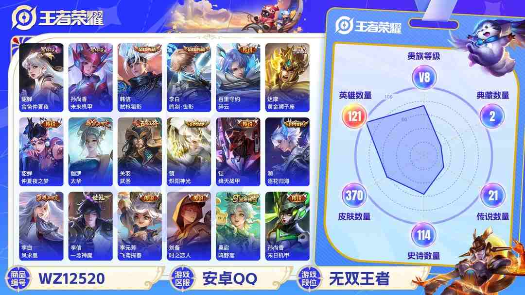 王者荣耀账号安卓QQ【21传说370皮肤2典藏2星元】安卓Q-121英雄【2水晶】弑枪猎影 鸣剑·曳影【2星元】金色仲夏夜之梦 未来机甲【21传说】逐花归海 鸣野蒿 云鹰飞将 碎云 黄金狮子座 仲夏夜之梦 太华 武圣 