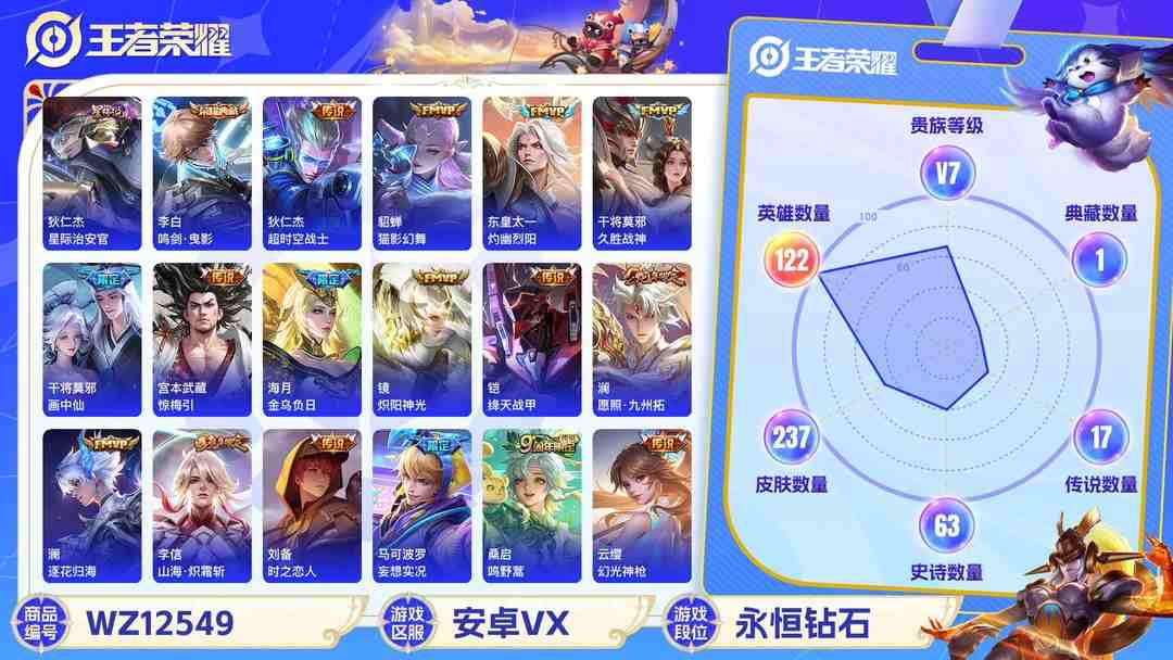 王者荣耀账号安卓VX可二次【236皮肤17传说1水晶1星元】安卓V区-121英雄-236皮肤【1水晶】 鸣剑·曳影【星元皮肤】星际治安官【传说皮肤】愿照·九州拓 金乌负日 逐花归海 鸣野蒿 惊梅引 妄想实况 灼幽烈阳 