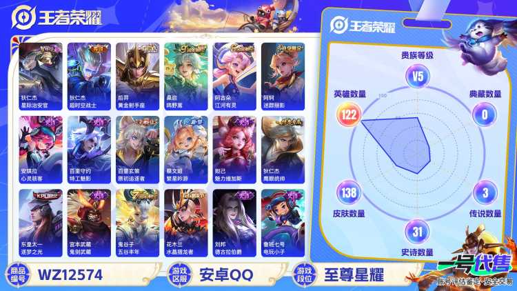 可二次【3传说1星元】安卓QQ-122英雄-138皮肤【星元皮肤】星际治安官【传说皮肤】鸣野蒿 超时空战士 黄金射手座【史诗皮肤】江河有灵 天穹祈灯 顽趣 完美运算 繁星吟游 魅力维加斯 鹰眼统帅 