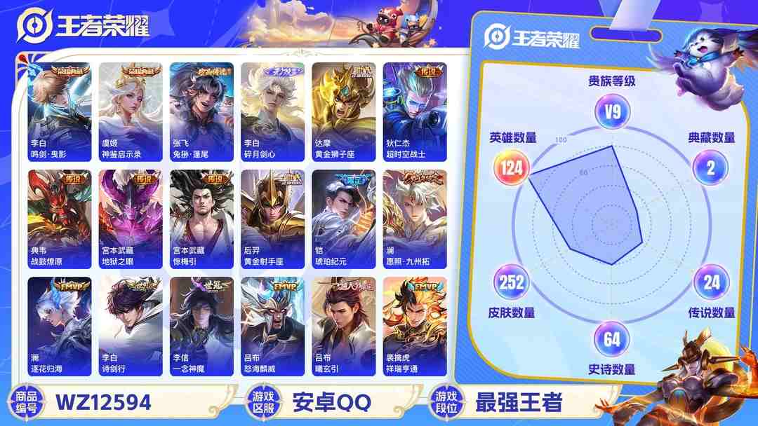 王者荣耀账号安卓QQ【WZX4723】贵族9/皮肤252/典藏2/传说24/史诗64/英雄124/李白_鸣剑·曳影/虞姬_神鉴启示录/李白_碎月剑心/张飞_兔狲·蓬尾/高渐离_玩趣恶龙/狂铁_特工战影/狄仁杰_超时空战