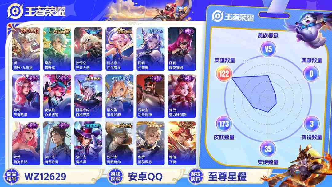 王者荣耀账号安卓QQ【WZX4734】贵族5/皮肤173/传说3/史诗34/英雄122/高渐离_玩趣恶龙/狂铁_特工战影/孙悟空_齐天大圣/桑启_鸣野蒿/澜_愿照·九州拓/姜子牙_天穹之誓/狄仁杰_阴阳师/赵云_皇家上