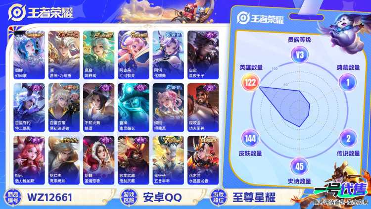 【WZX4747】贵族3/皮肤144/典藏1/传说2/史诗44/英雄122/貂蝉_幻阙歌/孙尚香_蔷薇恋人/艾琳_女武神/狂铁_特工战影/桑启_鸣野蒿/澜_愿照·九州拓/姜子牙_天穹之誓/狄仁杰_阴