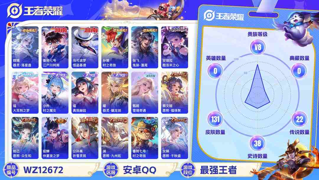 王者荣耀账号安卓QQ【WZF5459】贵族8/皮肤131/传说22/史诗38/瑶_真我赫兹/小乔_时之魔女/甄姬_雪境奇遇/曜_器灵·螭龙剑/马可波罗_怪盗基德/鲁班七号_江户川柯南/孙策_时之奇旅/嫦娥_器灵·落星盏