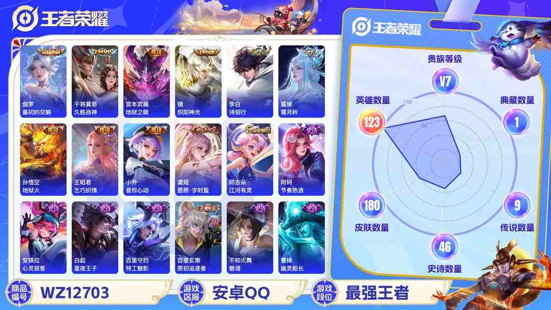 王者荣耀账号安卓QQ【WZF5460】贵族7/皮肤180/典藏1/传说9/史诗45/英雄123/伽罗_最初的交响/艾琳_女武神/狂铁_特工战影/孙悟空_地狱火/宫本武藏_地狱之眼/干将莫邪_久胜战神/镜_炽阳神光/小乔