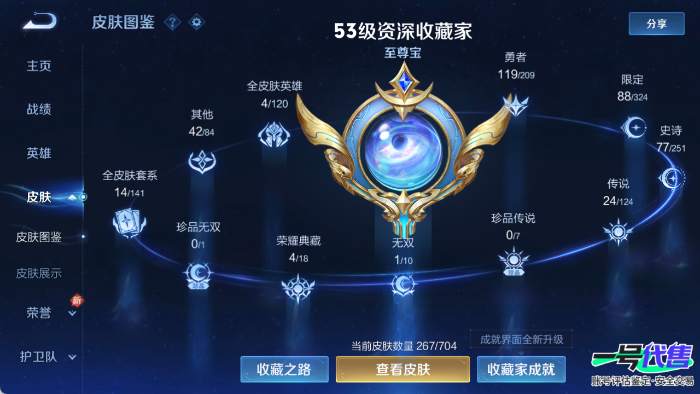 苹果QQ 124英雄 267皮肤 贵族等级9 已兑换荣耀水晶数4  最初的交响 拾光映像 九霄神辉 弑枪猎影 器灵·螭龙剑 幻光神枪 太华 云诺千山 战鼓燎原 时之恋人 愿照·山河定 黄金射手座...