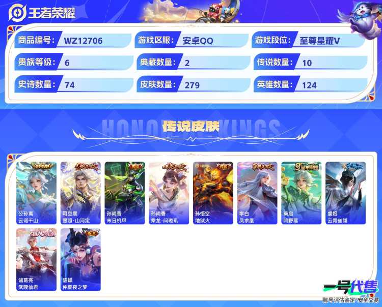 安卓QQ 124英雄 279皮肤 贵族等级6 已兑换荣耀水晶数2  杀手不太冷 鸣剑·曳影 时之奇旅 怪盗基德 江户川柯南 云诺千山 愿照·山河定 末日机甲 乘龙·问璇玑 地狱火 凤求凰 鸣野蒿...