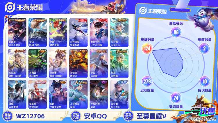 安卓QQ 124英雄 279皮肤 贵族等级6 已兑换荣耀水晶数2  杀手不太冷 鸣剑·曳影 时之奇旅 怪盗基德 江户川柯南 云诺千山 愿照·山河定 末日机甲 乘龙·问璇玑 地狱火 凤求凰 鸣野蒿...