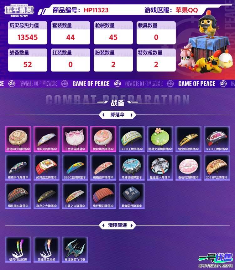 苹果QQ 历史总热力值:13545 粉装数量:2 特效枪数量:2 王牌印记:3 历史最高段位:卓越王牌10星 套装数量:44 时装数量:201 枪械数量:45 战备数量:52 装备数量:48 时...