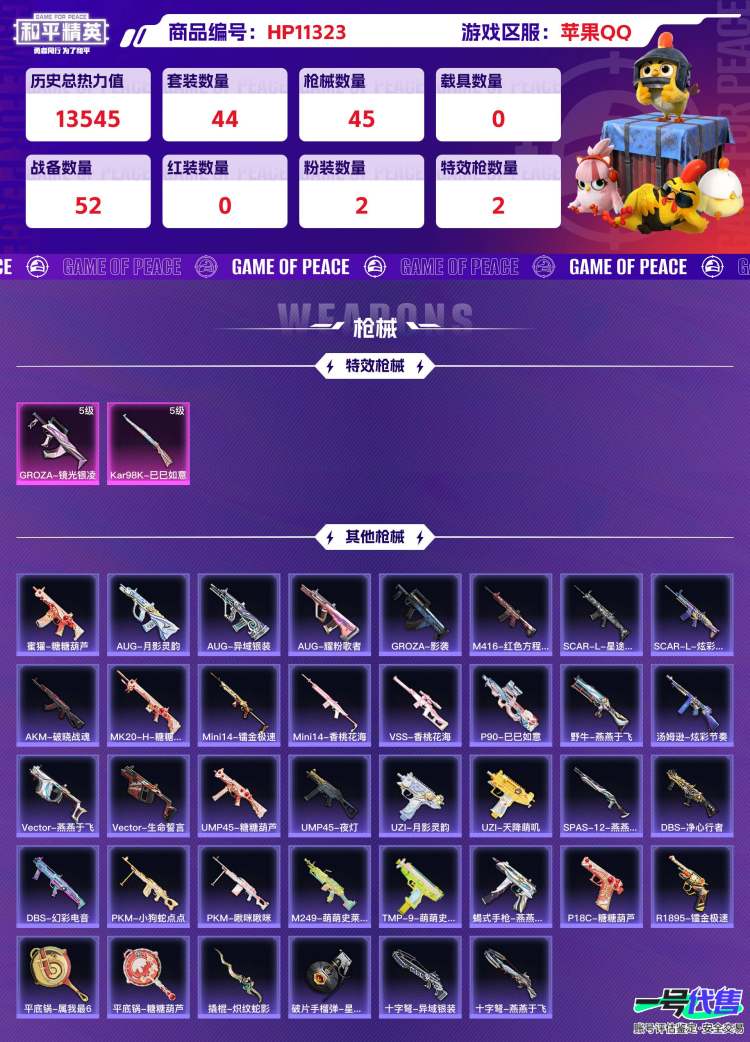 苹果QQ 历史总热力值:13545 粉装数量:2 特效枪数量:2 王牌印记:3 历史最高段位:卓越王牌10星 套装数量:44 时装数量:201 枪械数量:45 战备数量:52 装备数量:48 时...