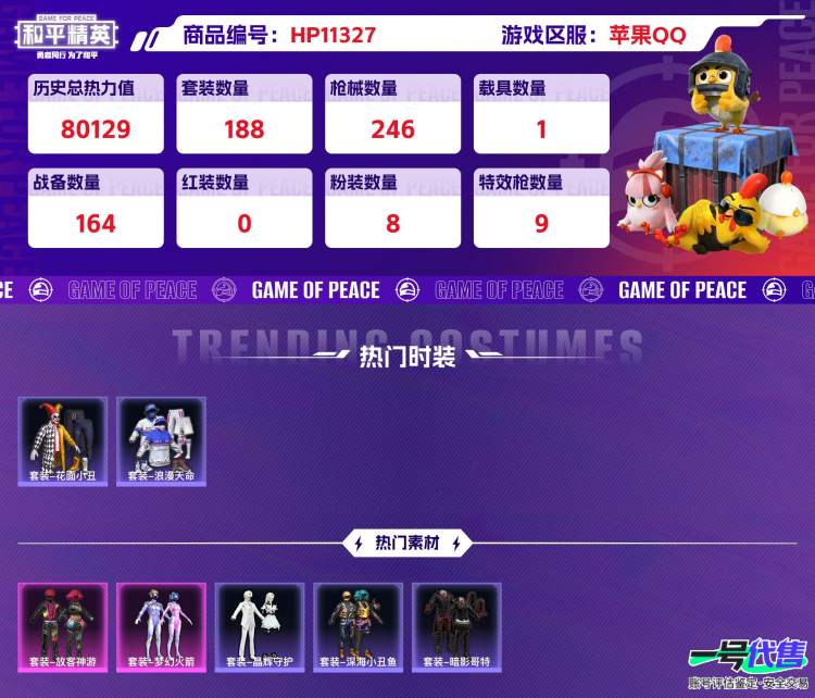 苹果QQ 历史总热力值:80129 粉装数量:8 特效枪数量:9 载具数量:1 王牌印记:11 历史最高段位:传奇王牌17星 套装数量:188 时装数量:739 枪械数量:246 战备数量:16...