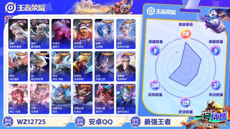 【WZF5470】贵族10/皮肤394/典藏10/传说37/史诗126/武则天/孙悟空_全息碎影/小乔_天鹅之梦/程咬金_活力突击/李白_鸣剑·曳影/诸葛亮_星域神启/铠_银白咏叹调/貂蝉_幻阙歌/