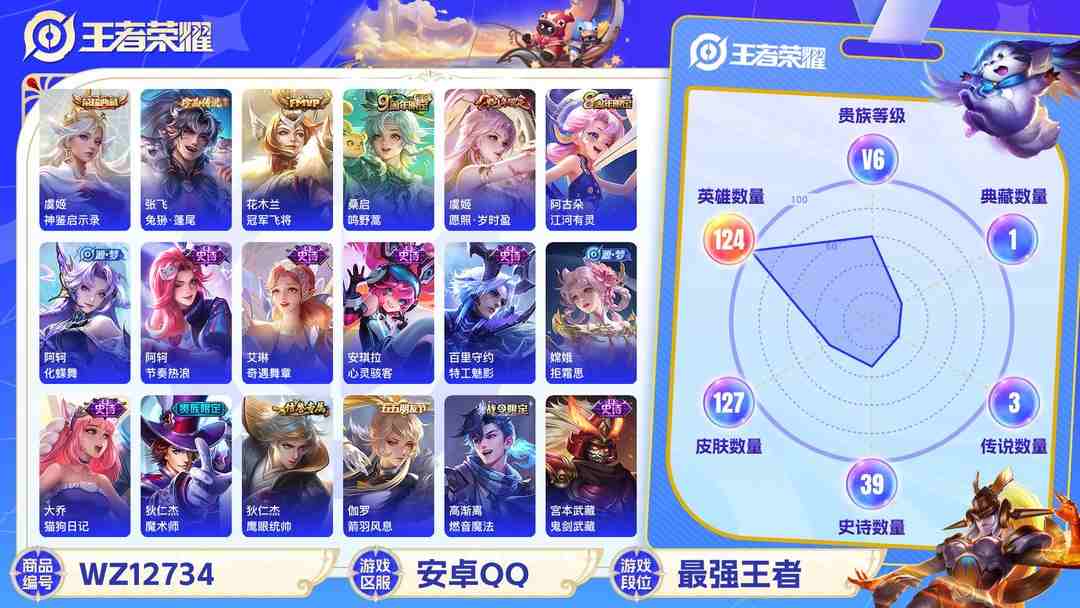 王者荣耀账号安卓QQ【WZF5455】贵族6/皮肤127/典藏1/传说3/史诗38/英雄124/虞姬_神鉴启示录/张飞_兔狲·蓬尾/孙尚香_蔷薇恋人/花木兰_冠军飞将/桑启_鸣野蒿/虞姬_愿照·岁时盈/姜子牙_天穹之誓