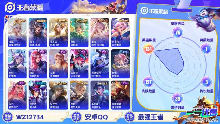 【WZF5455】贵族6/皮肤127/典藏1/传说3/史诗38/英雄124/虞姬_神鉴启示录/张飞_兔狲·蓬尾/孙尚香_蔷薇恋人/花木兰_冠军飞将/桑启_鸣野蒿/虞姬_愿照·岁时盈/姜子牙_天穹之誓