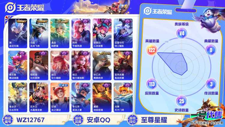 可二次【3传说练手小号】安卓QQ-122英雄-113皮肤【传说皮肤】逐花归海 鸣野蒿 无双飞将【史诗皮肤】龙之律动 天穹祈灯 天穹之誓 完美运算 百解令 舞动绿茵 功夫厨神 女仆咖啡 魅力维加斯 鹰