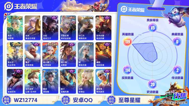 可二次【金标盘古2传说】安卓QQ-119英雄-114皮肤【传说皮肤】鸣野蒿 黄金白羊座【史诗皮肤】怒海争锋 顽岩魄 妄想食味 天穹祈灯 天穹之誓 战舞者 茶境仙 山海·玄木吟 青焰无极 鹰眼统帅 鬼