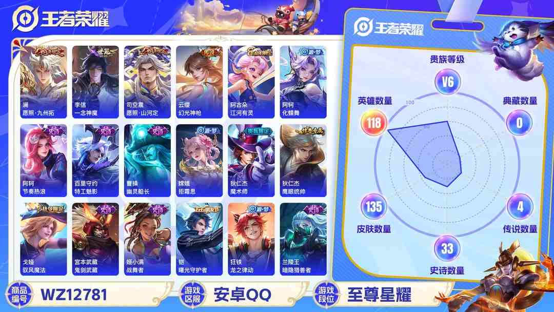 王者荣耀账号安卓QQ【一念神魔4传说】安卓QQ-118英雄-135皮肤【传说皮肤】愿照·山河定 愿照·九州拓 一念神魔 幻光神枪【史诗皮肤】龙之律动 江河有灵 地狱燃心 天穹祈灯 天穹之誓 战舞者 茶境仙 器灵·浮梦炉