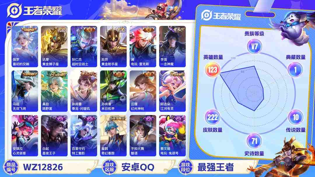 王者荣耀账号安卓QQ【WZX4772】贵族7/皮肤222/典藏1/传说10/史诗70/英雄123/伽罗_最初的交响/嬴政_优雅恋人/高渐离_玩趣恶龙/狂铁_特工战影/狄仁杰_超时空战士/孙尚香_末日机甲/后羿_黄金射手