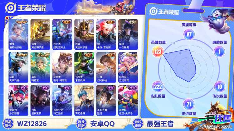 【WZX4772】贵族7/皮肤222/典藏1/传说10/史诗70/英雄123/伽罗_最初的交响/嬴政_优雅恋人/高渐离_玩趣恶龙/狂铁_特工战影/狄仁杰_超时空战士/孙尚香_末日机甲/后羿_黄金射手