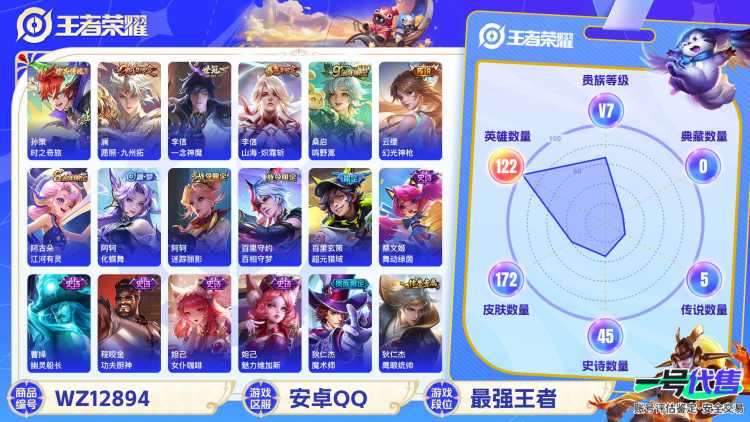 【WZN4369】贵族7/皮肤172/传说5/史诗45/英雄122/孙策_时之奇旅/孙尚香_蔷薇恋人/狂铁_特工战影/李信_一念神魔/李信_山海·炽霜斩/桑启_鸣野蒿/云缨_幻光神枪/澜_愿照·九州