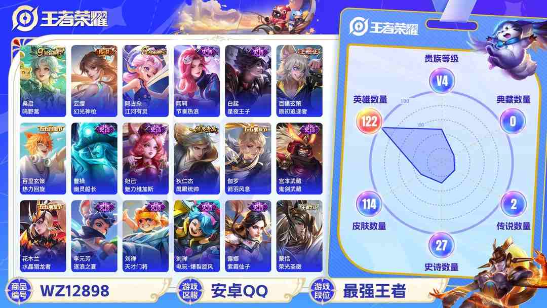 王者荣耀账号安卓QQ【WZX4800】贵族4/皮肤114/传说2/史诗27/英雄122/孙尚香_蔷薇恋人/狂铁_特工战影/桑启_鸣野蒿/云缨_幻光神枪/姜子牙_天穹之誓/狄仁杰_阴阳师/孙尚香_蔷薇恋人/达摩_沙漠行僧