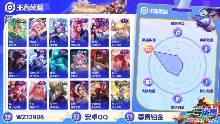 【WZX4792】贵族2/皮肤183/传说1/史诗49/英雄123/孙尚香_蔷薇恋人/嬴政_优雅恋人/艾琳_女武神/狂铁_特工战影/桑启_鸣野蒿/蒙犽_顽岩魄/姜子牙_天穹之誓/杨戬_破阵·退雄兵/